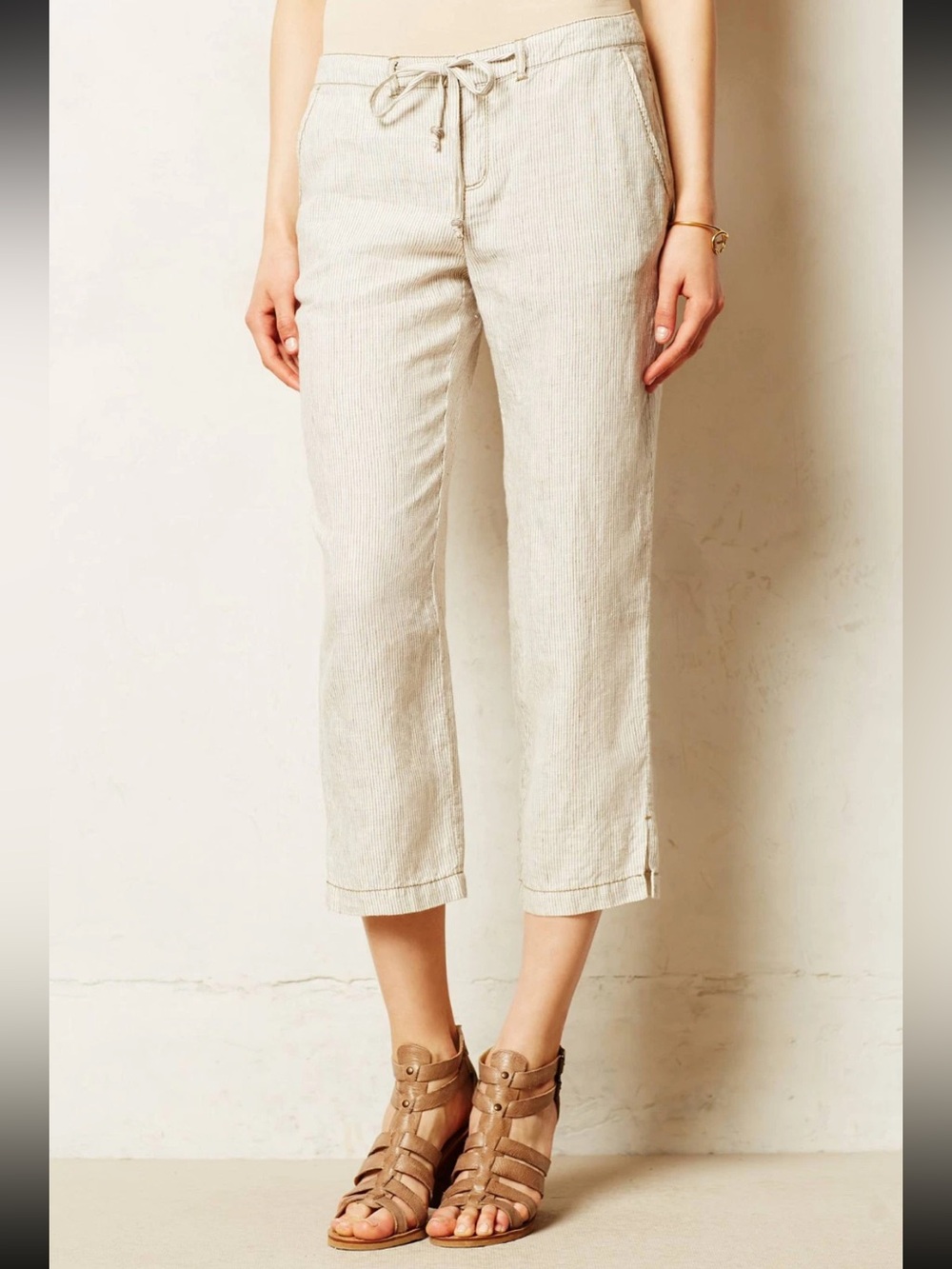 Marrakech Anthropologie Beige Grey Striped Cropped Paden Linen Trousers Pants 32